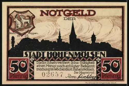 Notgeld Hohenmölsen 1925, 50 Pfennig, Schlacht bei Hohenmölsen Anno 1080, Ritter auf Pferd, Stadtwappen und Skyline