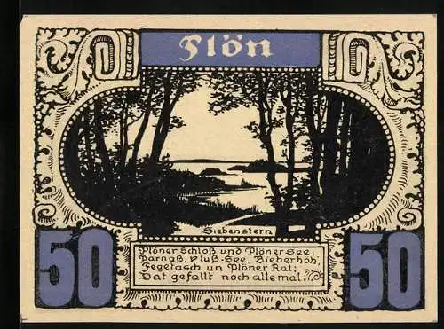 Notgeld Plön, 50 Pfennig, Landschaft mit See und Bäumen, Karte der umliegenden Gegend