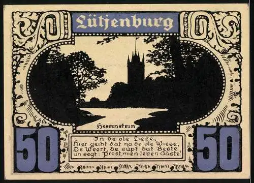 Notgeld Plön, 50 Pfennig, Lütjenburg, Karte der Region und Hessensteinmotiv