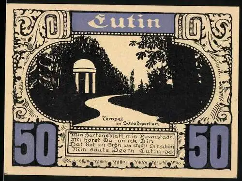 Notgeld Plön 1921, 50 Pfennig, Eutin, Tempel im Schlossgarten und Karte der Holsteinischen Schweiz