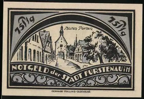 Notgeld Fürstenau 1921, 75 Pfennig, historische Stadtansicht und Stadtwappen