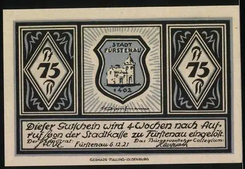 Notgeld Fürstenau 1921, 75 Pfennig, historische Stadtansicht und Stadtwappen