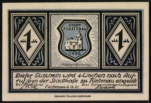 Notgeld Fürstenau, 1921, 1 Mark, Burgansicht und Stadtwappen, Rückseite mit Text