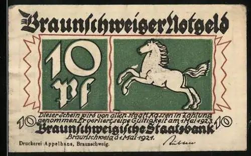 Notgeld Braunschweig 1921, 10 Pfennig, springendes Pferd und Stadtansicht