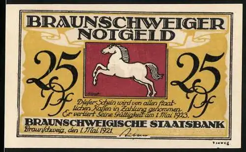 Notgeld Braunschweig 1921, 25 Pf, Vorderseite Pferd, Rückseite Till Eulenspiegel und Eulen