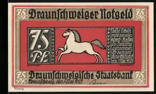 Notgeld Braunschweig, 1921, 75 Pf, Pferd und historische Szene mit Frau und Narr