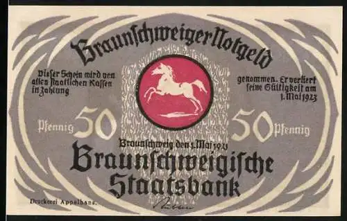 Notgeld Braunschweig 1923, 50 Pfennig, Braunschweigische Staatsbank und Eulenspiegel als Liebhaber