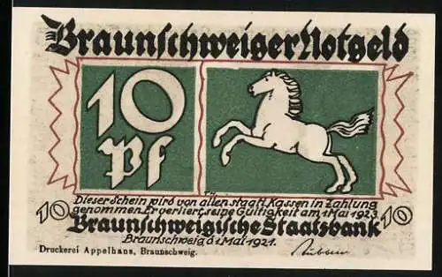 Notgeld Braunschweig 1921, 10 Pfennig, Vorderseite springendes Pferd Rückseite Narr mit Spiegel und Eule