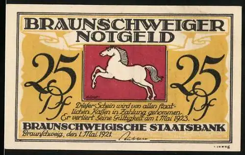 Notgeld Braunschweig 1921, 25 Pf, Braunschweiger Staatsbank mit Pferd und Burgplatz-Motiv