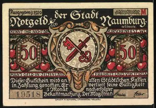 Notgeld Naumburg 1920, 50 Pfennig, Und zu Ehren des Mirakel ist alljährlich ein Spektakel, Stadtwappen