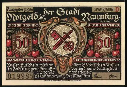 Notgeld Naumburg 1920, 50 Pfennig, Stadtwappen mit Schlüssel und Schwert, Hunger und Kaffee