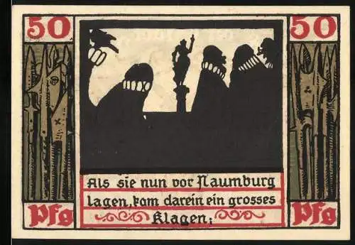 Notgeld Naumburg 1920, 50 Pf, Darstellung von Figuren und Wappen mit Schlüsseln und Schwert