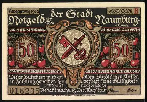 Notgeld Naumburg 1920, 50 Pf, Darstellung von Figuren und Wappen mit Schlüsseln und Schwert