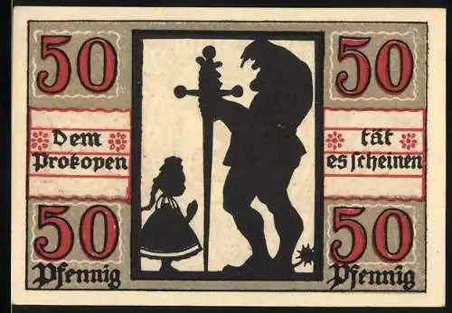 Notgeld Naumburg 1920, 50 Pfennig, Silhouette von Mann und Kind, Schlüsselwappen, Kirschmotive, Text und Seriennummer