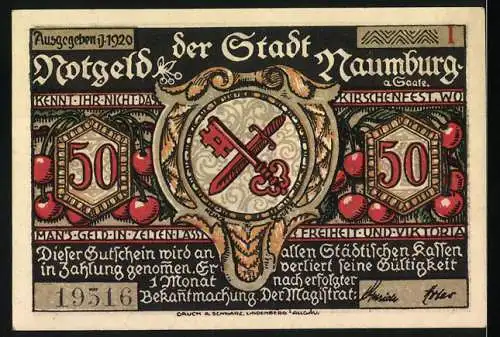 Notgeld Naumburg 1920, 50 Pfennig, Silhouette von Mann und Kind, Schlüsselwappen, Kirschmotive, Text und Seriennummer