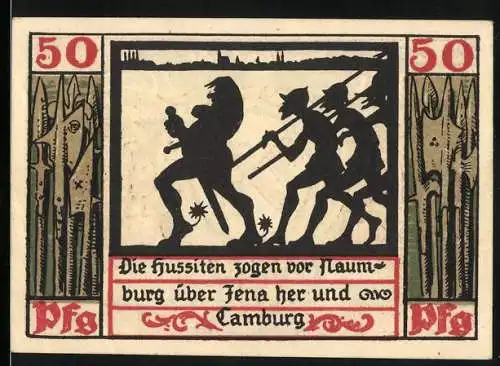 Notgeld Naumburg, 1920, 50 Pfennig, Hussitenzug und Stadtwappen mit Schlüsseln und Schwertern