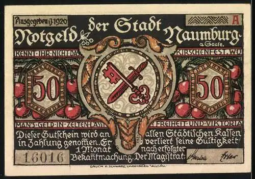 Notgeld Naumburg, 1920, 50 Pfennig, Hussitenzug und Stadtwappen mit Schlüsseln und Schwertern