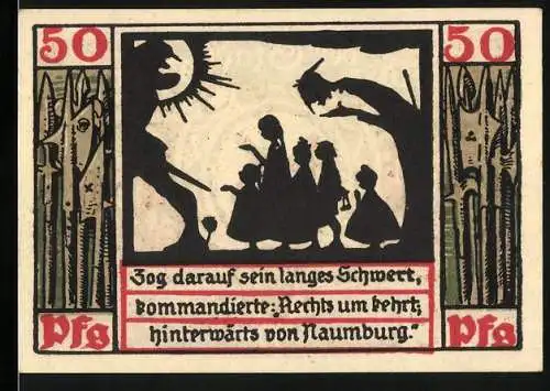 Notgeld Naumburg, 1920, 50 Pfennig, Stadtwappen und Silhouetten-Szene mit Schwert und Bäumen