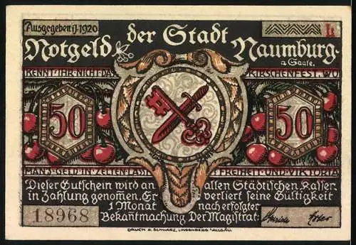 Notgeld Naumburg, 1920, 50 Pfennig, Stadtwappen und Silhouetten-Szene mit Schwert und Bäumen