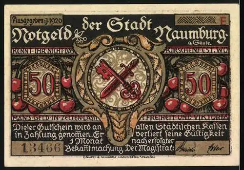 Notgeld Naumburg 1920, 50 Pfennig, Hoffnung beim Zipfel und Stadtwappen mit Schlüsseln und Schwertern