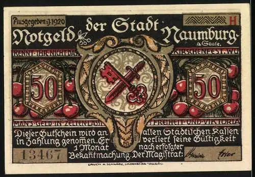 Notgeld Naumburg 1920, 50 Pfennig, historische Szene und Stadtwappen mit Schlüssel und Schwert