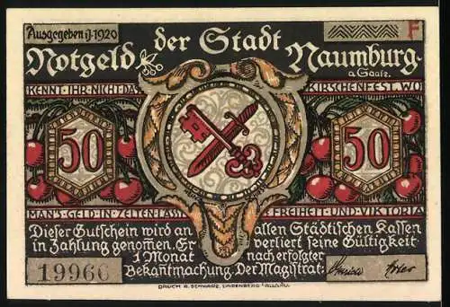 Notgeld Naumburg 1920, 50 Pfennig, Lehrer der Schule rettet Kinder, Prägung mit Stadtsiegel und Äpfeln