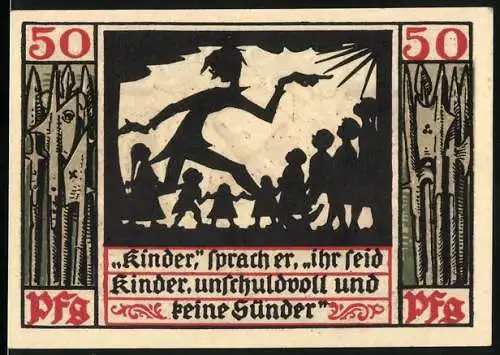 Notgeld Naumburg 1920, 50 Pfennig, Kinder-Silhouette und Wappen mit Schlüsseln