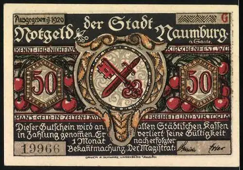 Notgeld Naumburg 1920, 50 Pfennig, Kinder-Silhouette und Wappen mit Schlüsseln