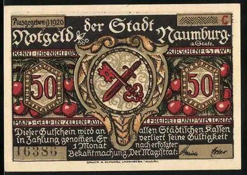 Notgeld Naumburg 1920, 50 Pfennig, Stadtwappen und Silhouette eines Kriegers mit Spiessen