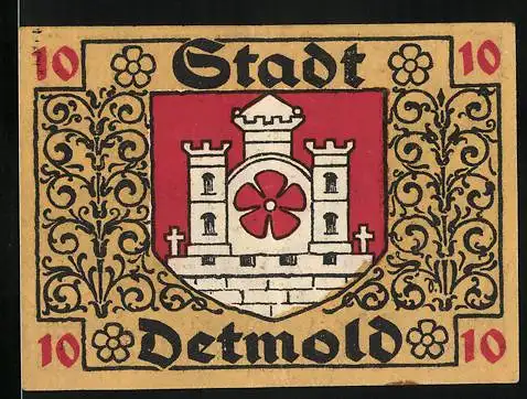 Notgeld Detmold, 1920, 10 Pfennig, Stadtwappen und florale Ornamente