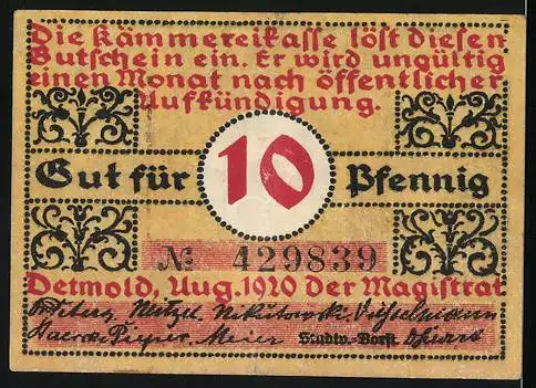 Notgeld Detmold, 1920, 10 Pfennig, Stadtwappen und florale Ornamente