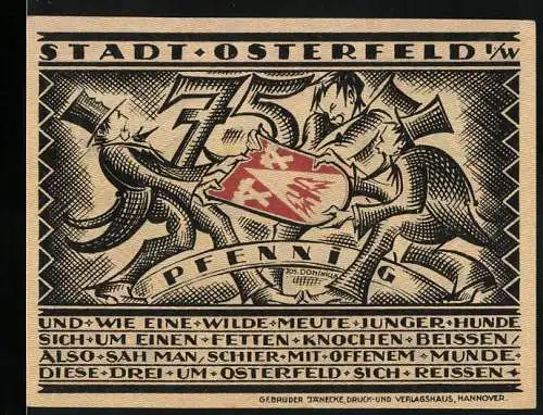 Notgeld Osterfeld, 1921, 75 Pfennig, kämpfende Männer und Soldat mit Kanone