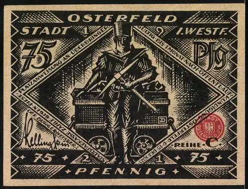 Notgeld Osterfeld, 1921, 75 Pfennig, kämpfende Männer und Soldat mit Kanone