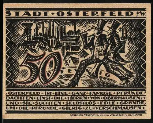 Notgeld Osterfeld 1921, 50 Pfennig, Industriemotiv mit Bergmann und Stollenwagen, Text über ehemalige Herrschaft