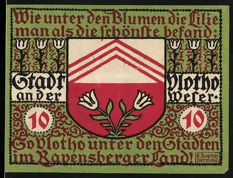 Notgeld Vlotho 1921, 10 Pfennig, Stadtwappen mit Lilien und Text, Rückseite mit weiteren Texten und Unterschriften