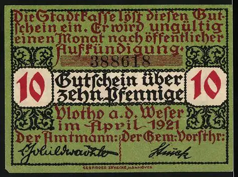 Notgeld Vlotho 1921, 10 Pfennig, Stadtwappen mit Lilien und Text, Rückseite mit weiteren Texten und Unterschriften