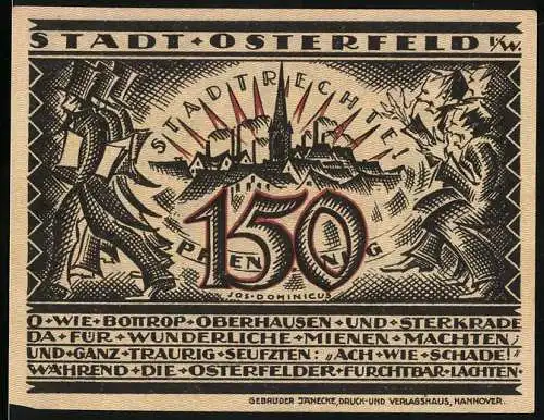 Notgeld Osterfeld, 1921, 150 Pfennig, Stadtansicht und Bergmann-Motiv beidseitig