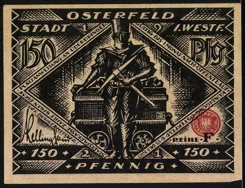 Notgeld Osterfeld, 1921, 150 Pfennig, Stadtansicht und Bergmann-Motiv beidseitig