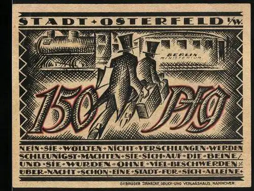 Notgeld Osterfeld 1921, 150 Pfennig, Lokomotive und Männer mit Zylindern, Arbeiter mit Schubkarre