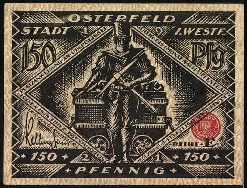 Notgeld Osterfeld 1921, 150 Pfennig, Lokomotive und Männer mit Zylindern, Arbeiter mit Schubkarre