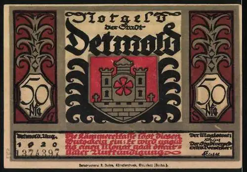 Notgeld Detmold 1920, 50 Pfennig, mit Burg und Spruchband-Design