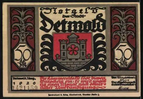 Notgeld Detmold, 1920, 50 Pfennig, Burg, Cherusker und Fürst Herrmann