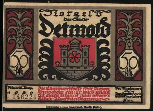 Notgeld Detmold, 1921, 50 Pfennig, Stadtwappen mit Burg und Denkmal der deutschen Geschichte
