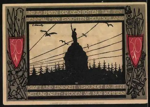 Notgeld Detmold, 1921, 50 Pfennig, Stadtwappen mit Burg und Denkmal der deutschen Geschichte