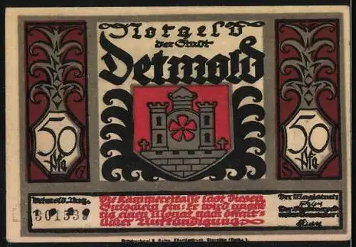 Notgeld Detmold, 1921, 50 Pfennig, mit Illustration und Stadtwappen