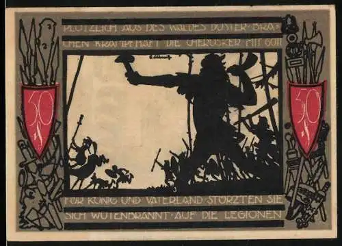 Notgeld Detmold, 1921, 50 Pfennig, Silhouette, Stadtwappen, rote und schwarze Verzierungen