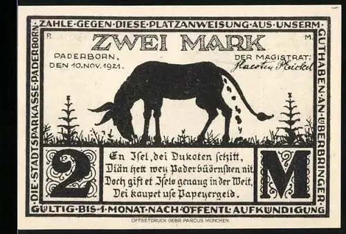 Notgeld Paderborn, 1921, Zwei Mark, Esel mit Bäumen und Gebäude an der Eselgasse