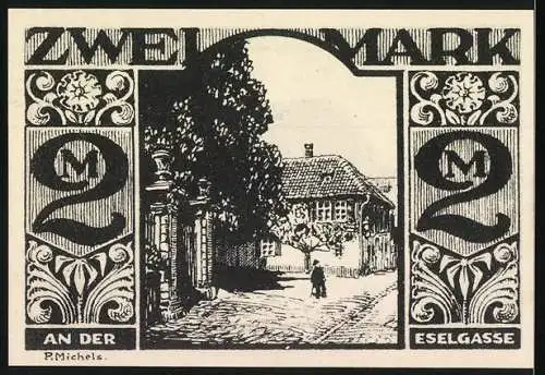 Notgeld Paderborn, 1921, Zwei Mark, Esel mit Bäumen und Gebäude an der Eselgasse