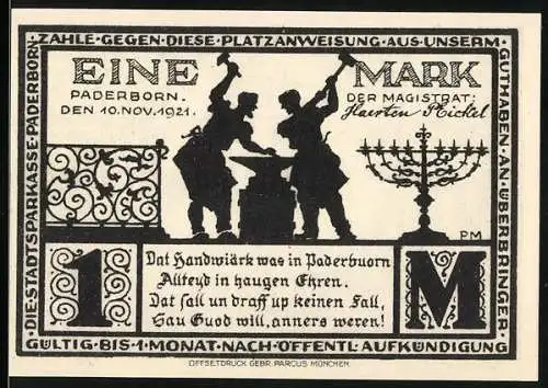 Notgeld Paderborn 1921, Eine Mark, Handwerkszenen und Haus Levermann