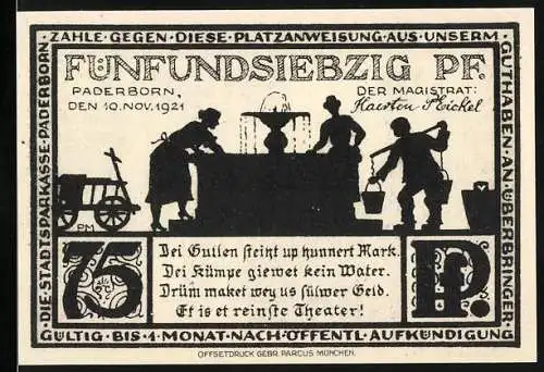 Notgeld Paderborn 1921, 75 Pfennig, Stadtansicht und Arbeitsszene